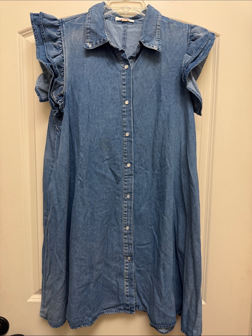 Sleeveless Ruffled Denim Pearl Snap-Dress-Chambray